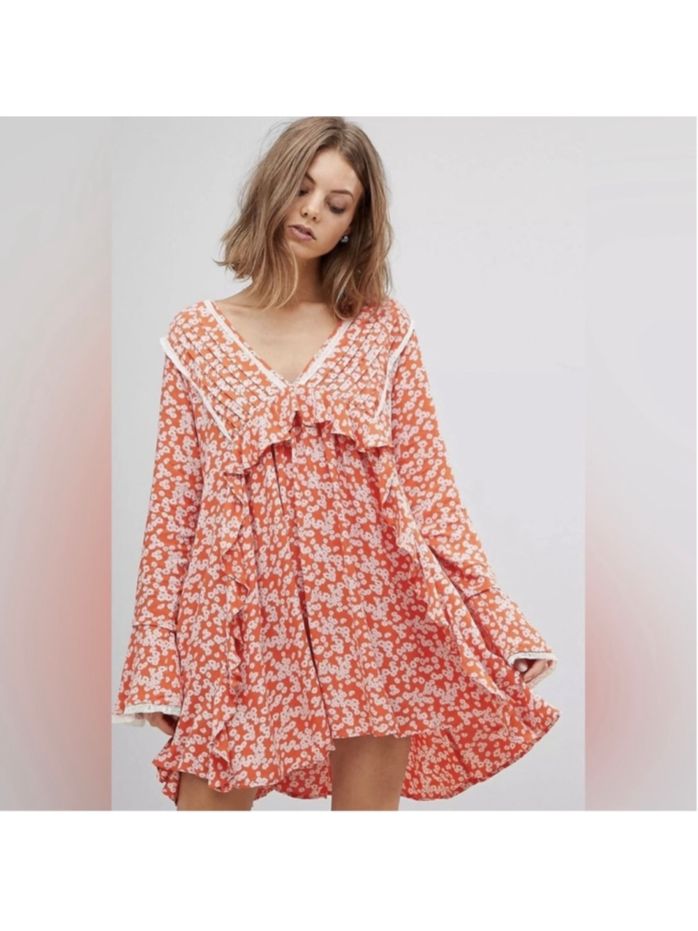 Free People Floral Mini Baby Doll Dress, Size M, Orange and White